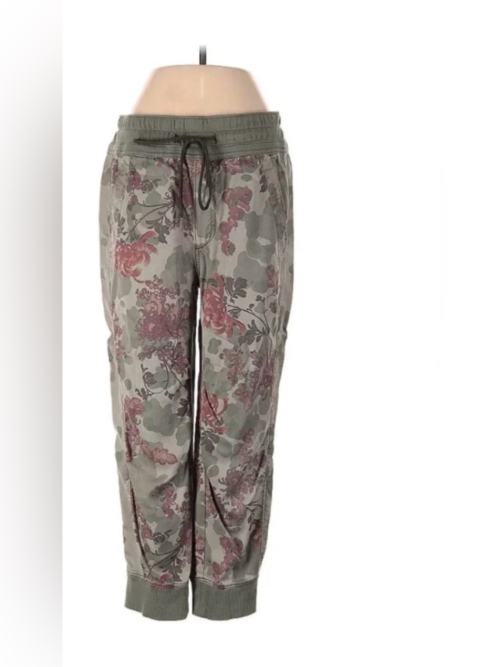 Anthropologie Olive Green Floral Jogger Pants with Dusty Rose Print